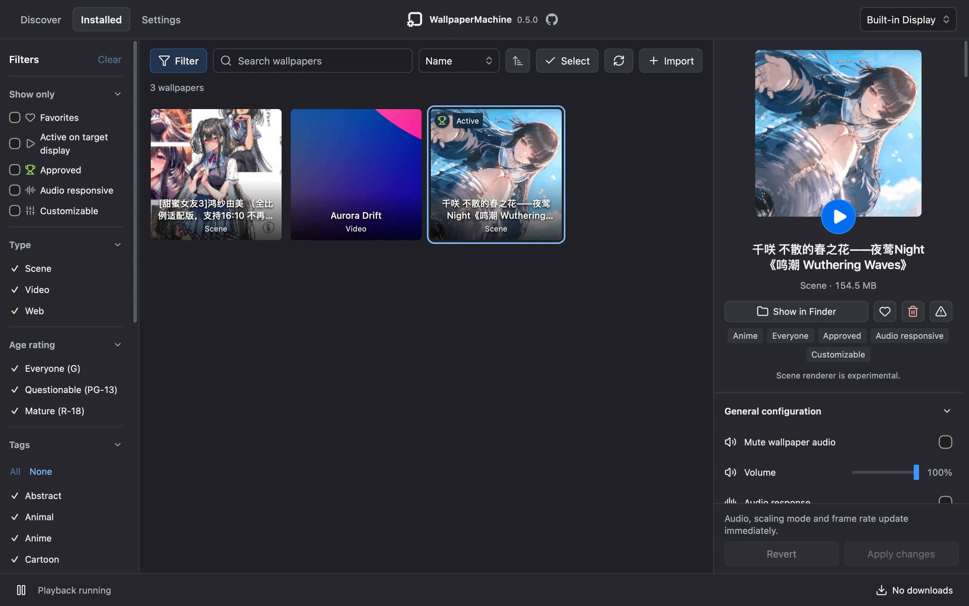 WallpaperMachine’s Installed tab: filters on the left, three wallpapers in the library and the selected scene’s options in the inspector