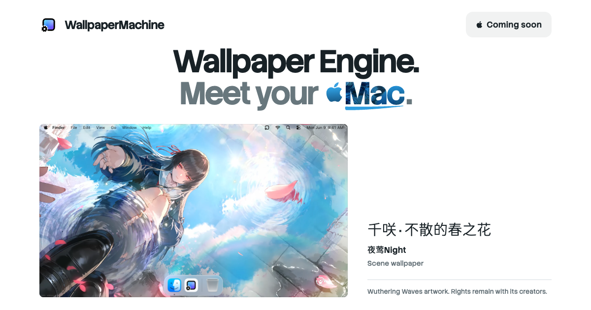 WallpaperMachine: “Wallpaper Engine. Meet your Mac.” over Chisaki, a scene wallpaper by 夜莺Night, hanging as a Mac’s desktop with its menu bar and Dock.